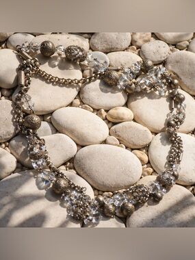 Vintage Ornate Antiqued Brass & Faceted Crystal 60” Statement Necklace